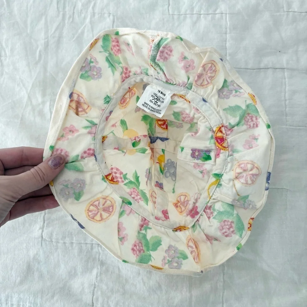 Vintage Kids Fruit Print Floral Ruffle Wide Brim Sun Hat Size 18 Months
